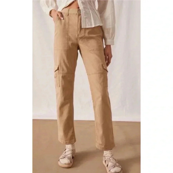 Anthropologie Pants - Anthropologie Khaki with Metallic Gold Stripe Cargo Utility Crop Pants Size 2